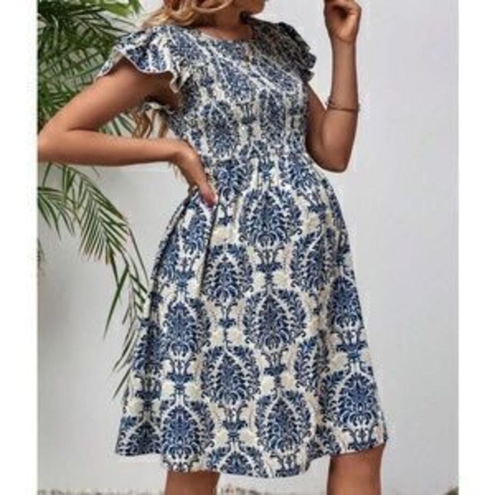 Maternity Butterfly Sleeve Smocked Mini Dress